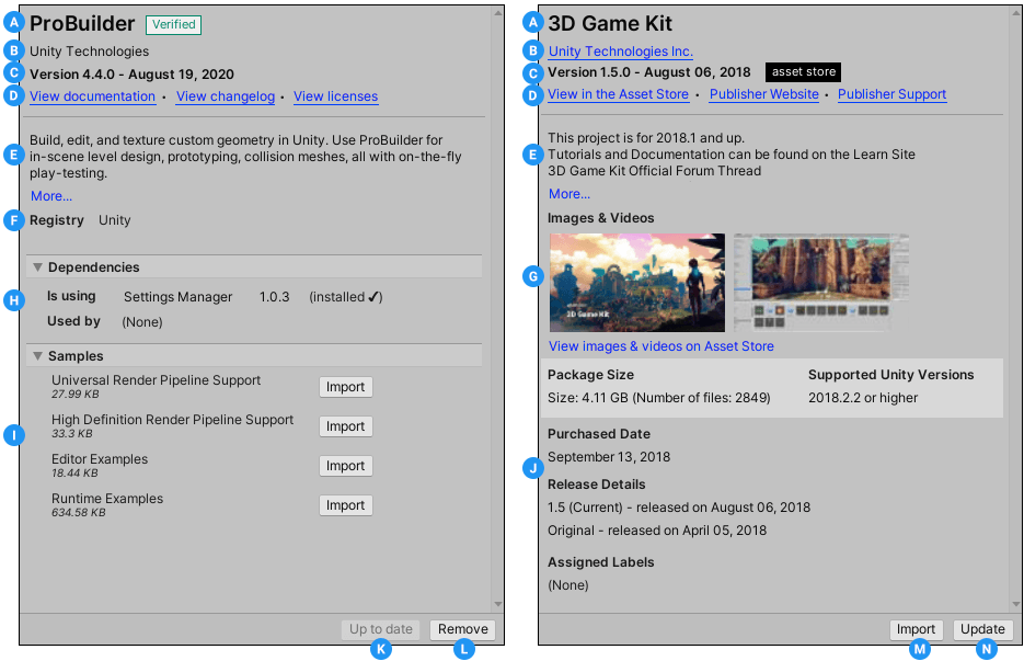 Сведения о пакете Unity (слева) и пакете Asset Store (справа)
