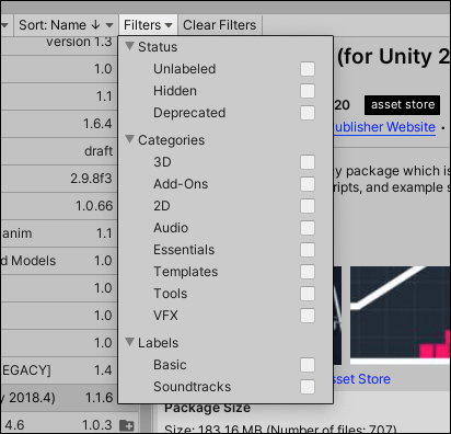 Фильтры для пакетов Asset Store