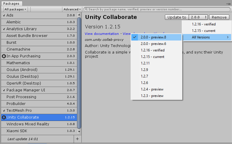 Обновление версии пакета Unity Collaborate