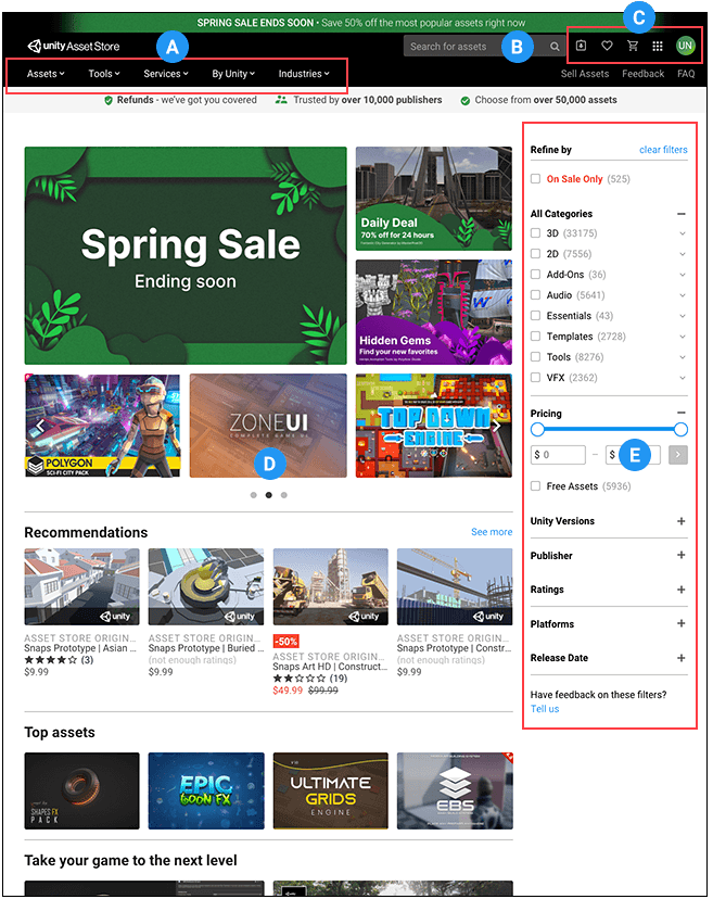На веб-сайте Asset Stores вы можете найти пакеты Asset Store для покупки и просмотреть список активов, которыми вы уже владеете.