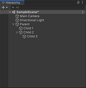 Child 1 и Child 2 являются дочерними GameObjects Parent. Child 3 является дочерним GameObject Child 2 и потомком GameObject Parent..