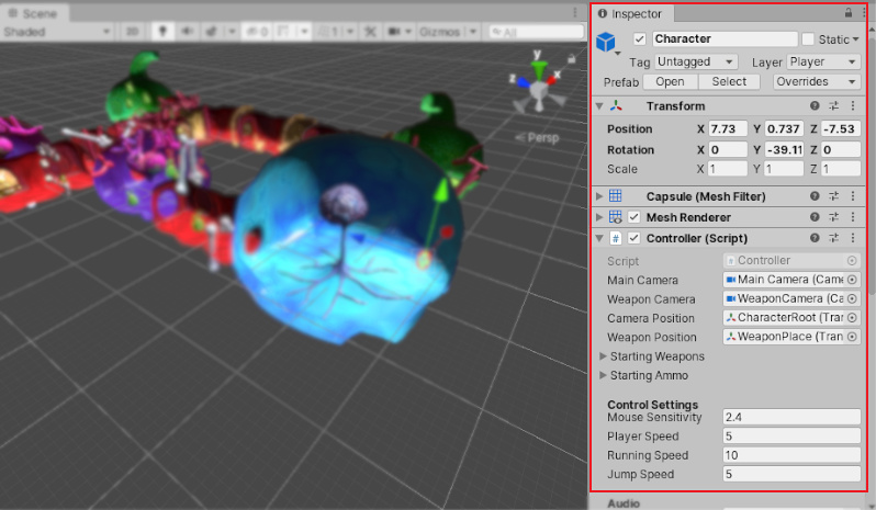 Окно инспектора закреплено в редакторе Unity.