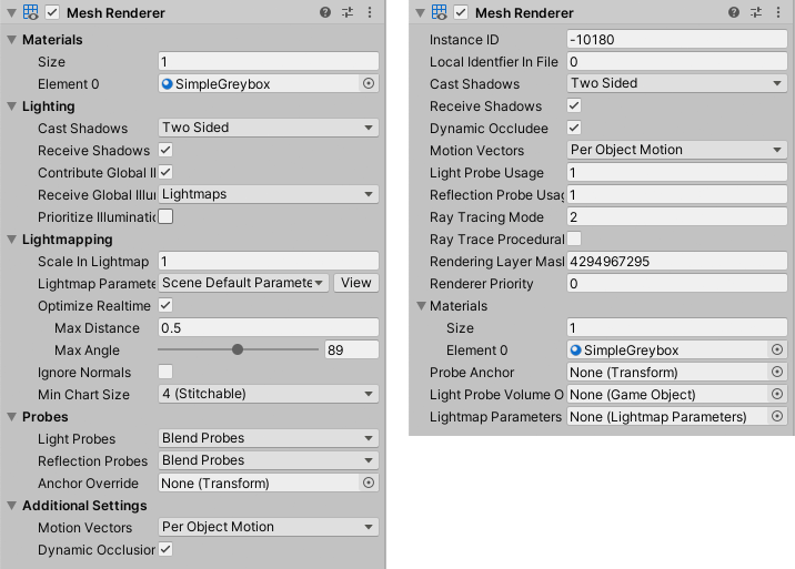 Компонент Mesh Renderer в обычном режиме (слева) и в режиме отладки (справа)