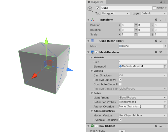 Простой Cube GameObject с несколькими компонентами