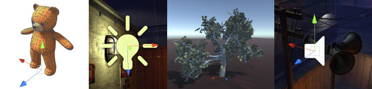 Четыре разных типа GameObject: анимированный персонаж, свет, дерево и источник звука.