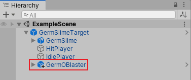 Окно Hierarchy, показывающее экземпляр Prefab с дочерним GameObject с именем GermOBlaster, добавленным в качестве переопределения..