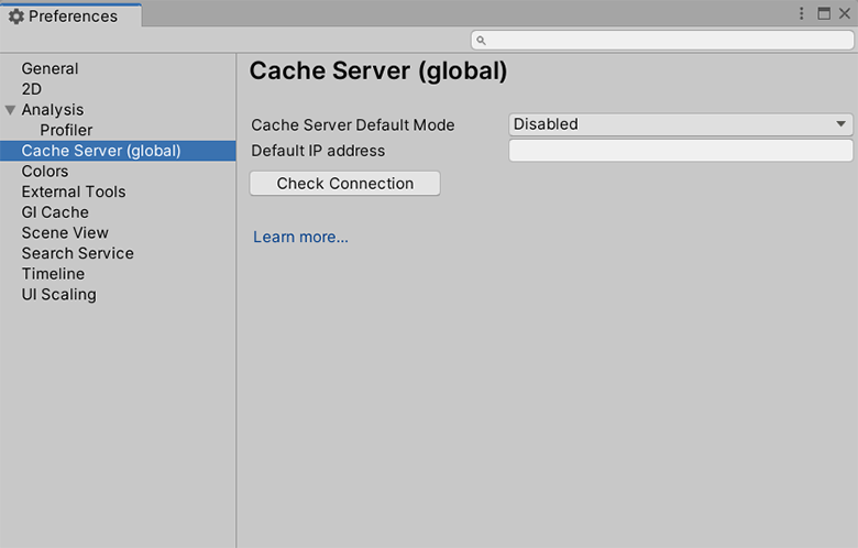 Область Cache Server в окне Preferences
