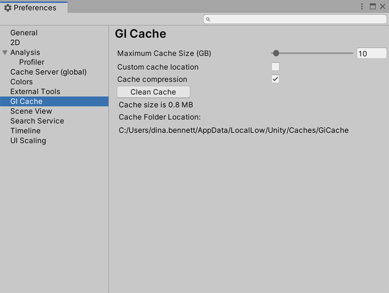 Область GI Cache в окне настроек