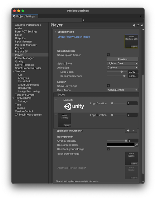 Окно настроек Splash Image Player