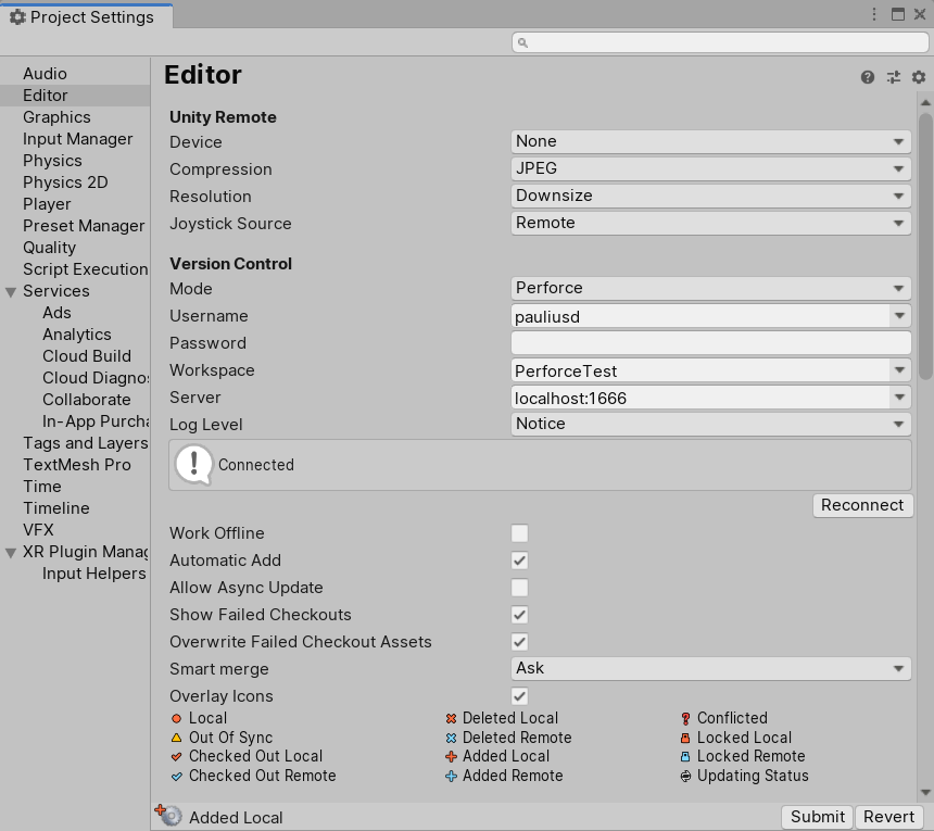 Настройки контроля версий в редакторе Unity