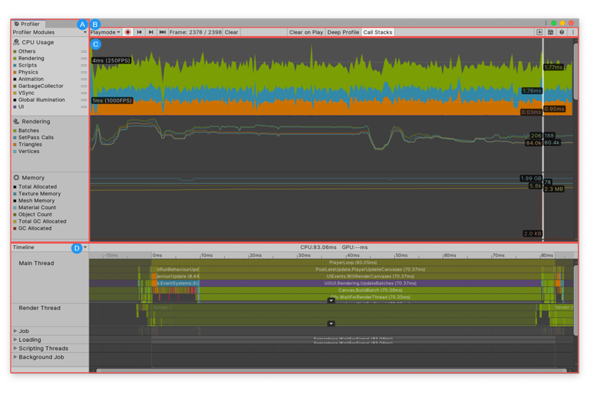 Окно Profiler с выбранным модулем CPU Usage Profiler
