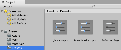 Пример ресурсов Preset в окне Project, организованных во вложенной папке Presets