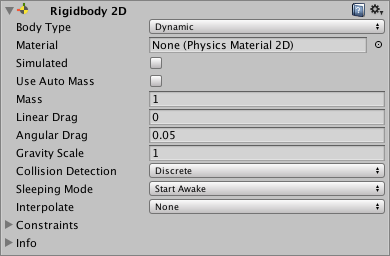 Компонент Rigidbody 2D отображается в редакторе Unity по-разному в зависимости от выбранного типа тела.