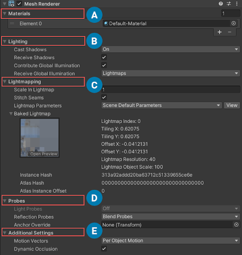 TКомпонент Mesh Renderer, как он появляется в окне Inspector с Receive Global Illumination, установленным на Light Probes.