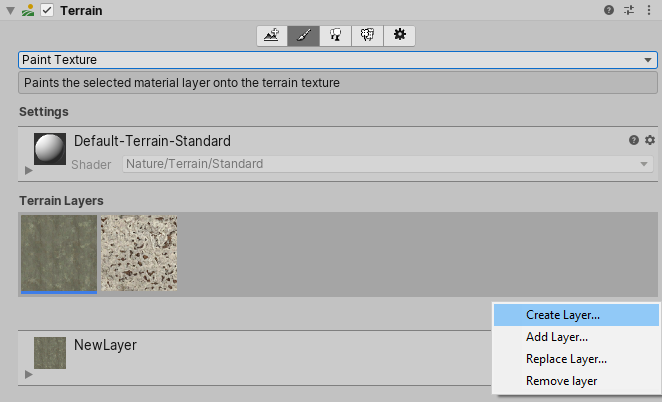 Создайте слой в Terrain Inspector